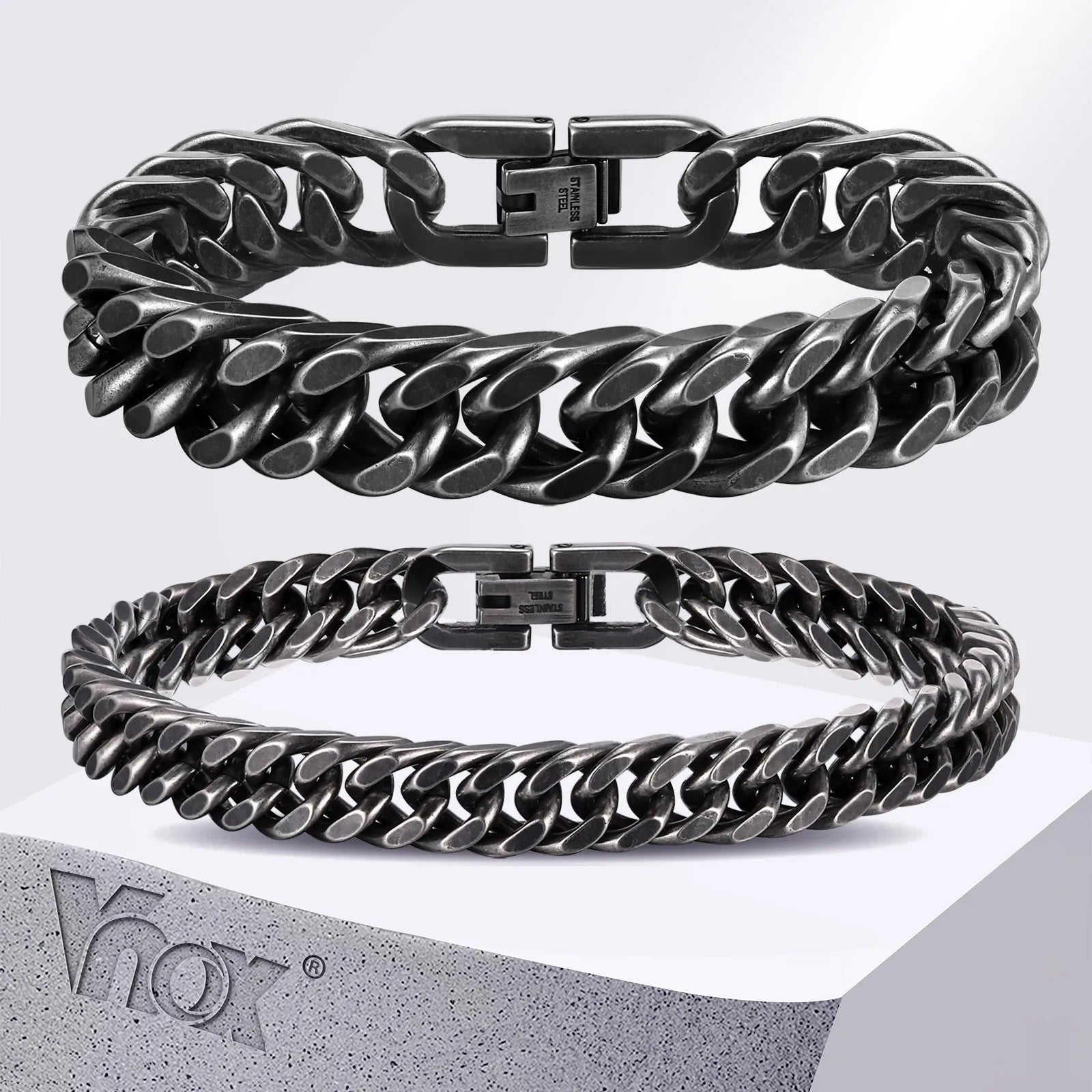 Vnox 8mm/12mm Bold Heavy Stainless Steel Cuban Bracelets for Men, Oxidized Metal Wristband, Punk Rock Chain Bracelet Jewelry