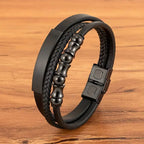 XQNI Men's Stainless Steel Magnetic Bracelet Punk Black Leather Wristband Elegant Mature Accessory Ideal Jewelry Gift