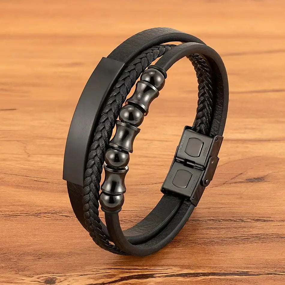 XQNI Men's Stainless Steel Magnetic Bracelet Punk Black Leather Wristband Elegant Mature Accessory Ideal Jewelry Gift
