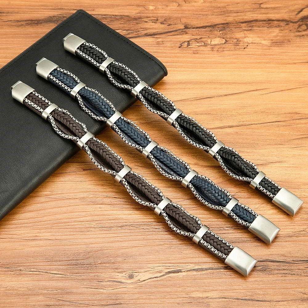 Clunia Punk Chain & Leather Bracelet – Stainless Steel Magnetic Buckle Jewelry for Men