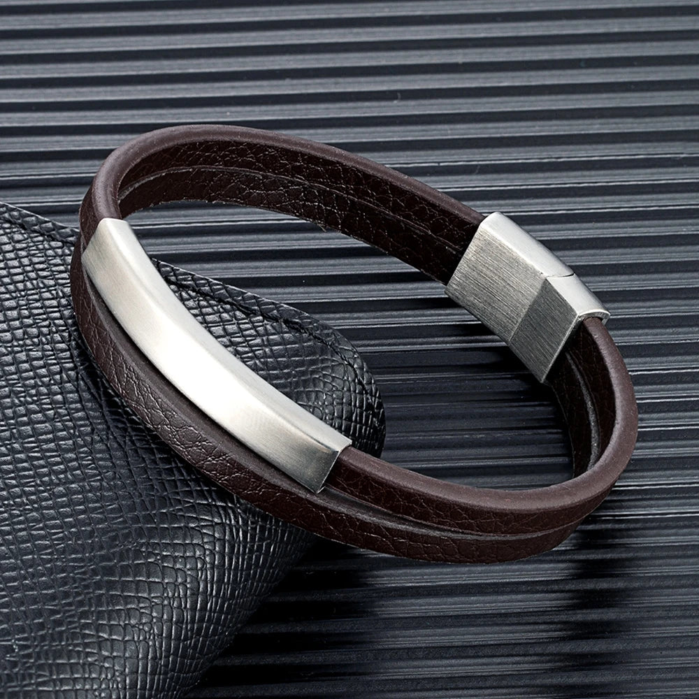 NoirBound Leather Bracelet – Double Strand Handmade Design with Matte Black Stainless Steel Clasp, Sleek and Minimalist Style for Men