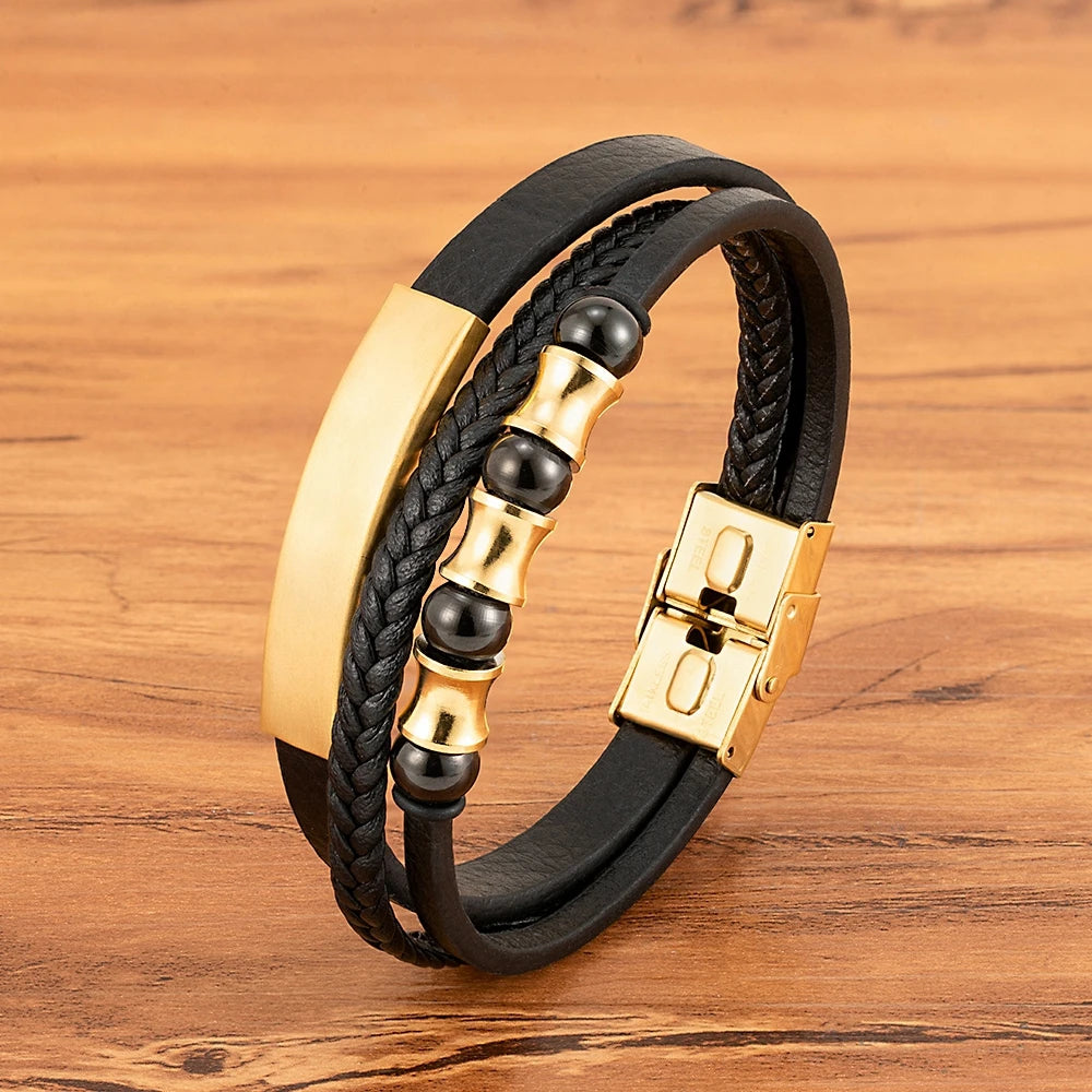 XQNI Men's Stainless Steel Magnetic Bracelet Punk Black Leather Wristband Elegant Mature Accessory Ideal Jewelry Gift