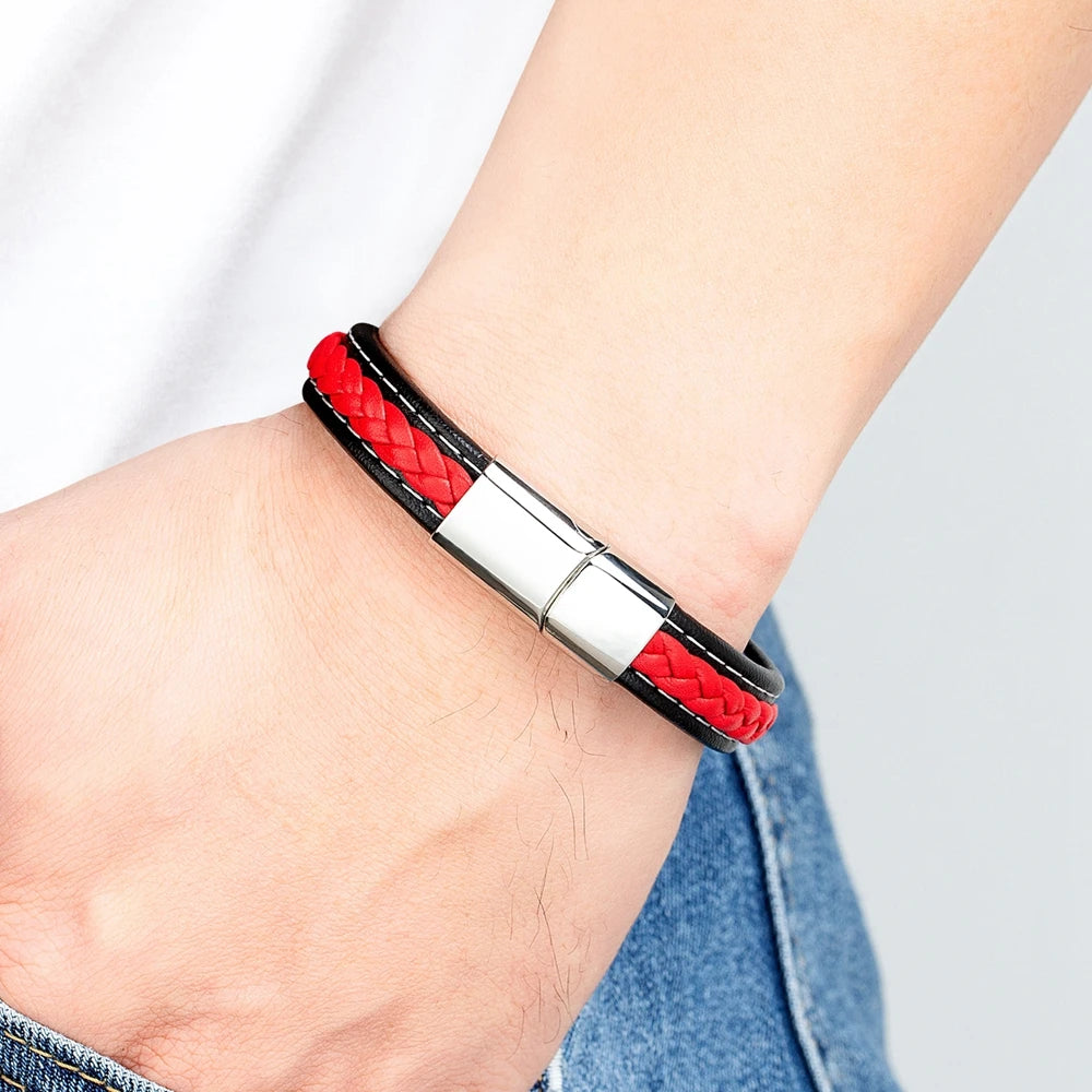Valentia Black & Red Braided Leather Bracelet – Stainless Steel Charm Jewelry Gift for Men