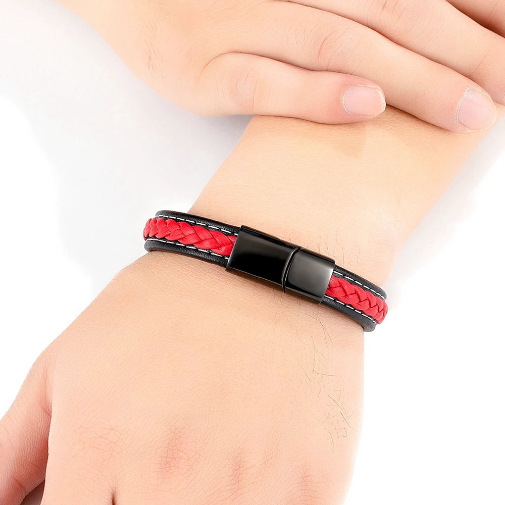 Valentia Black & Red Braided Leather Bracelet – Stainless Steel Charm Jewelry Gift for Men