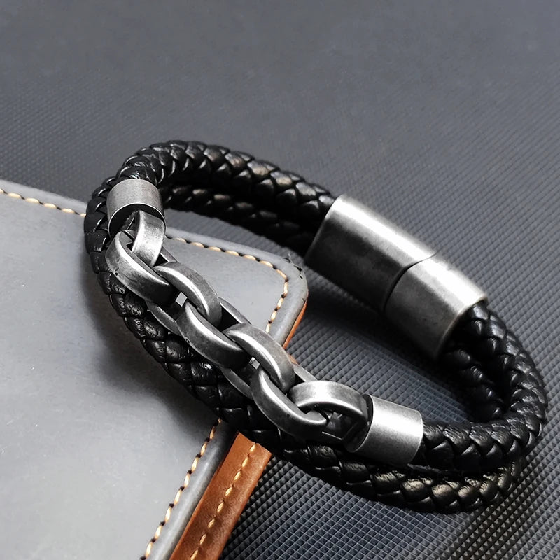 2025 Fashion Multi layered Stainless Steel Charm Viking Leather Bracelet Men's Woven Bracelet Punk Jewelry Homme Accessories