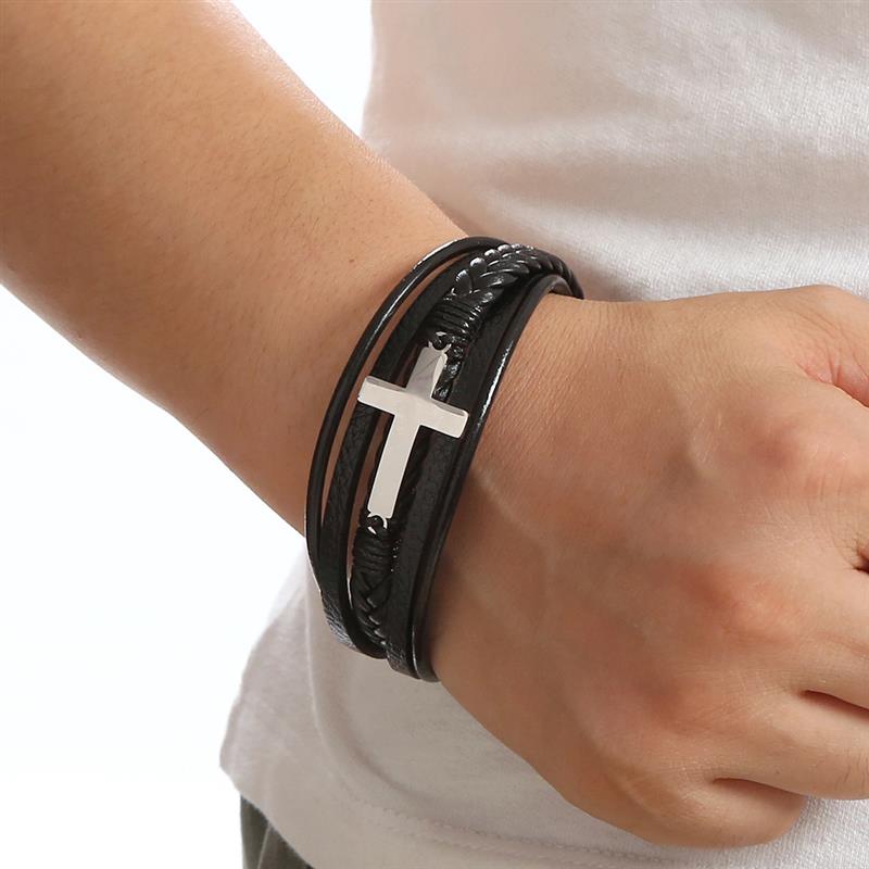 Faith SteelLink Leather Wristband Magnetic Charm Men's Bracelet