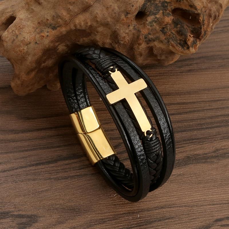 Faith SteelLink Leather Wristband Magnetic Charm Men's Bracelet