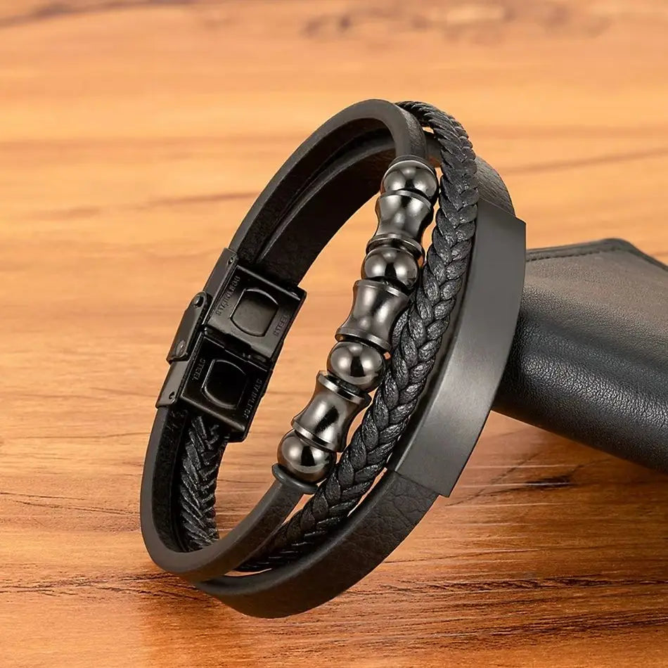 XQNI Men's Stainless Steel Magnetic Bracelet Punk Black Leather Wristband Elegant Mature Accessory Ideal Jewelry Gift