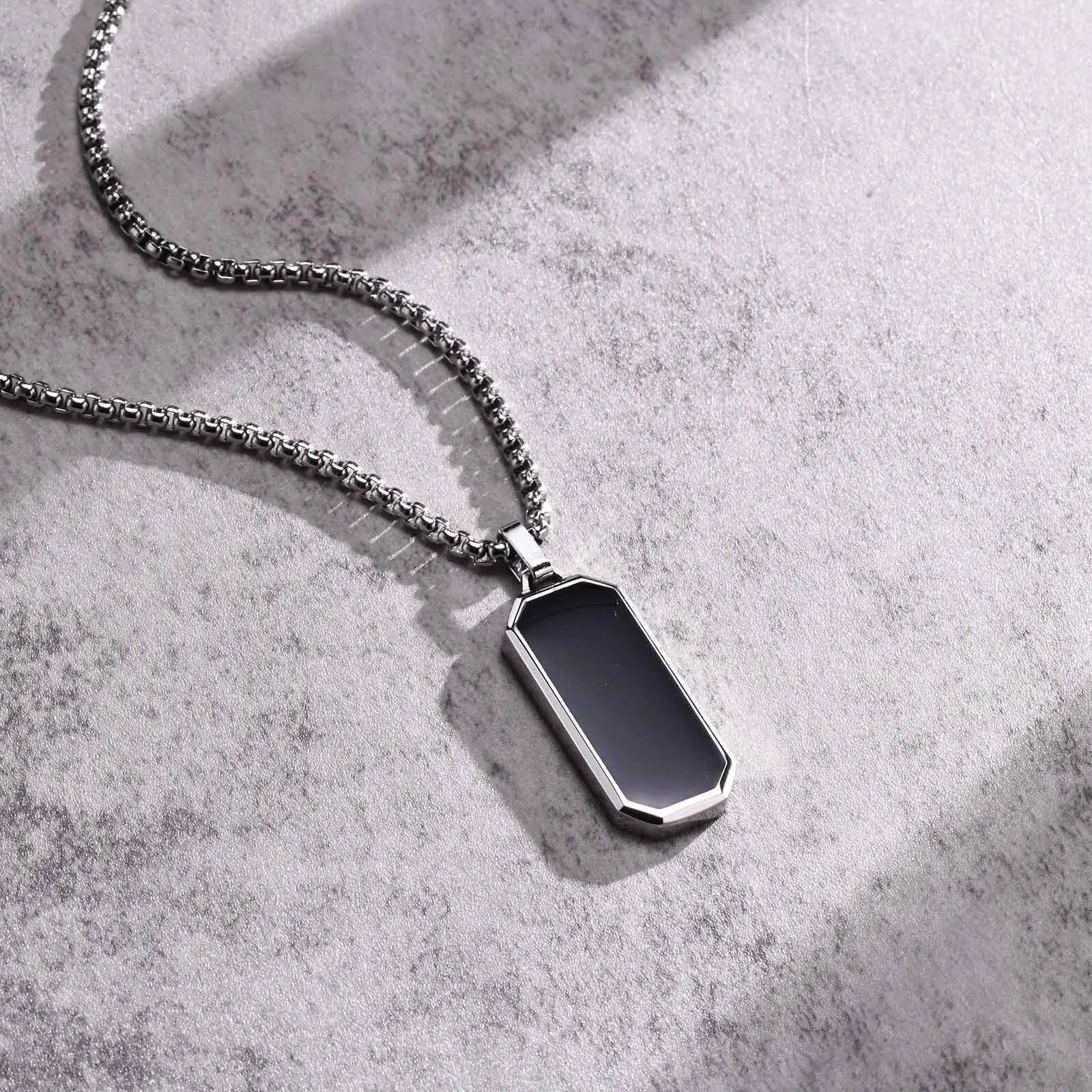 Vnox Small Dogtags Pendant Necklaces for Men, Black Silver Color Stainless Steel Military Dog Tag with Box Chain Gift to Him