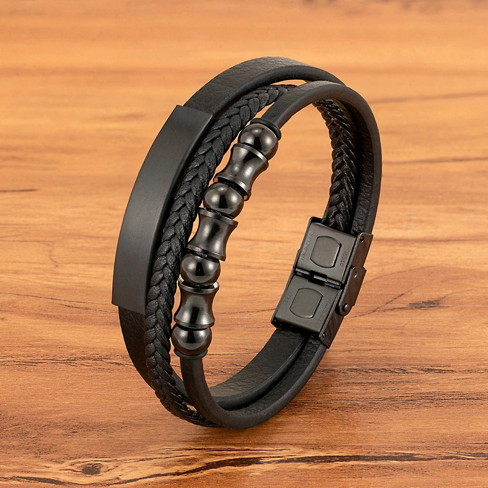 XQNI Men's Stainless Steel Magnetic Bracelet Punk Black Leather Wristband Elegant Mature Accessory Ideal Jewelry Gift