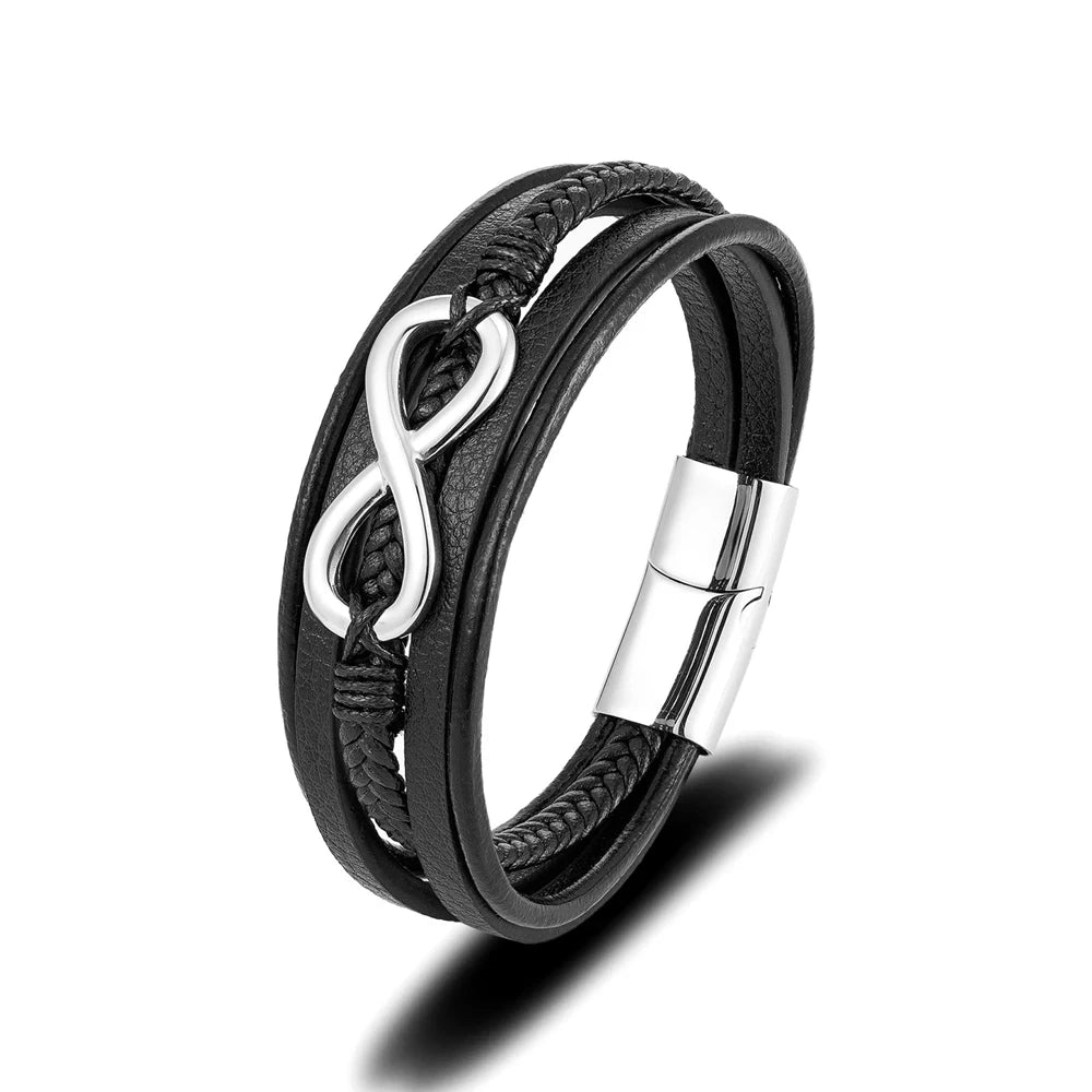 Eterna Braided Leather Bracelet – Multilayer Woven Design with Black Stainless Steel, Classic Infinity Style for Men