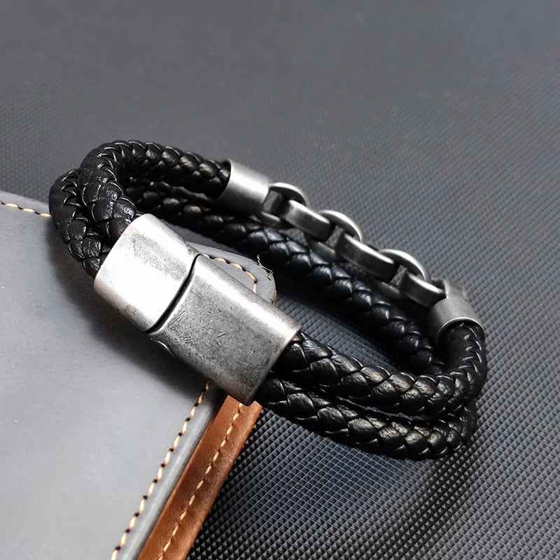 2025 Fashion Multi layered Stainless Steel Charm Viking Leather Bracelet Men's Woven Bracelet Punk Jewelry Homme Accessories