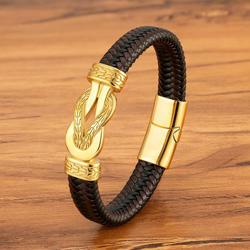 XQNI Stainless Steel Bracelets Weave Black/Brown Leahter Magnetic Buckle Rope Jewelry Accessories Bangles Gifts for Men Friend