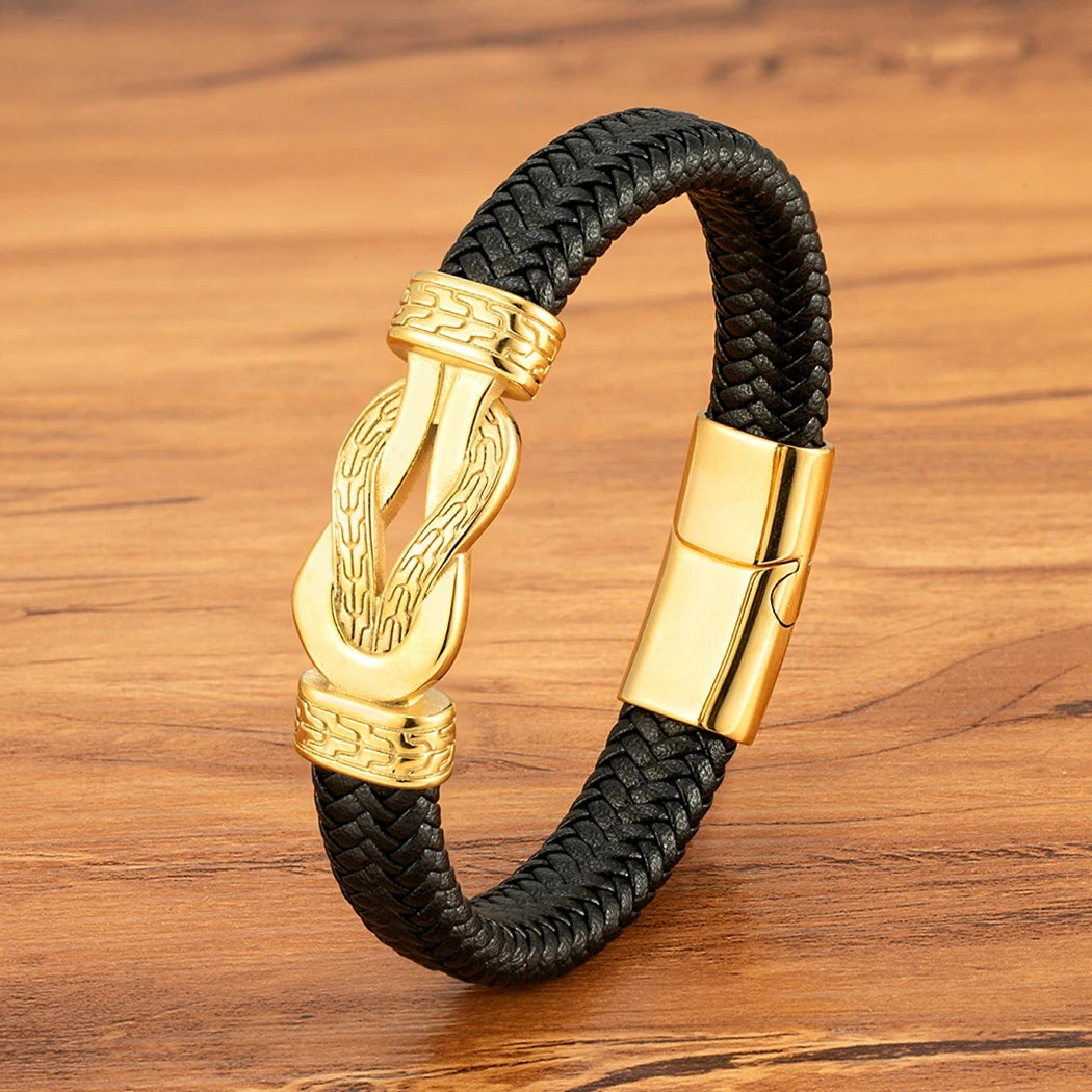 XQNI Stainless Steel Bracelets Weave Black/Brown Leahter Magnetic Buckle Rope Jewelry Accessories Bangles Gifts for Men Friend