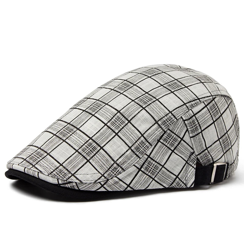 Ashford Plaid Cotton Beret – Lightweight Vintage-Style Flat Cap with Visor, Casual Summer Design in Cotton and Linen
