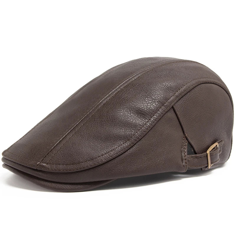 Lancaster PU Leather Beret – Vintage England-Style Flat Cap with Visor, Thickened and Warm Design for Autumn and Winter