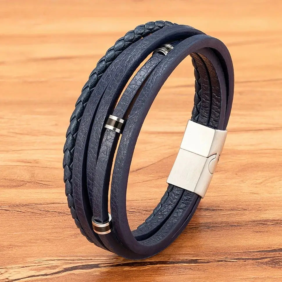 XQNI Retro Men's Leather Bracelets Simple Open Bangle Woven Braided Leather Stainless Steel Clasp Hand Rope Outdoor Sports Gift