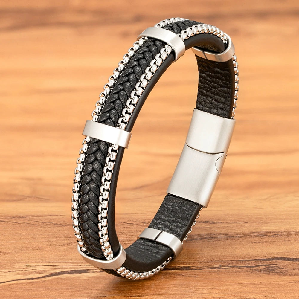Clunia Punk Chain & Leather Bracelet – Stainless Steel Magnetic Buckle Jewelry for Men
