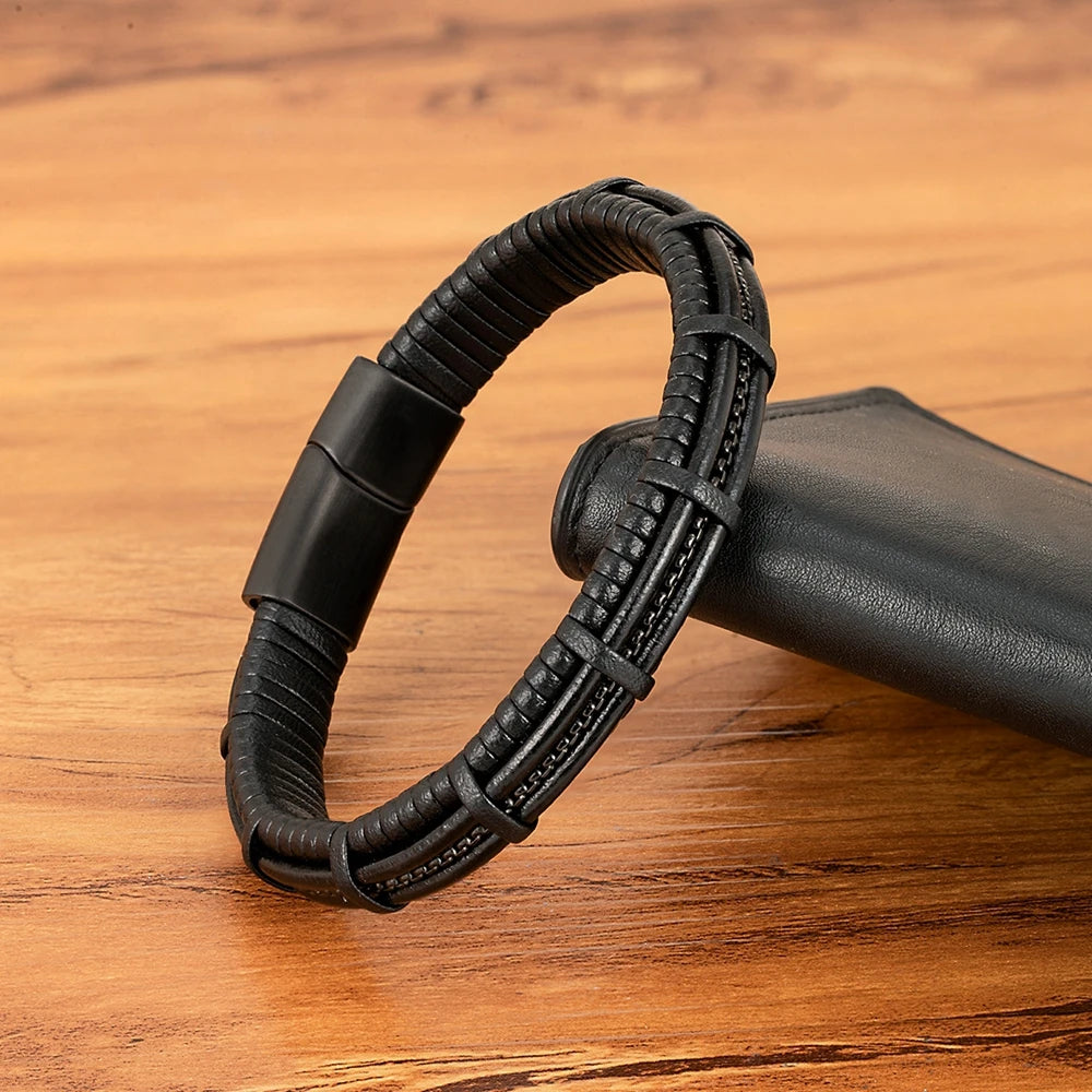 Titan Edge Bracelet – Men’s Leather & Stainless Steel Magnetic Bracelet