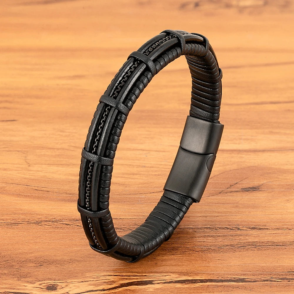 Titan Edge Bracelet – Men’s Leather & Stainless Steel Magnetic Bracelet