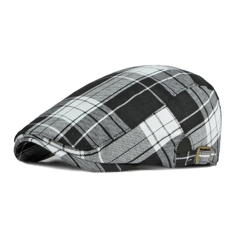 Oxford Plaid Newsboy Cap – Timeless Polyester Flat Cap with Vintage Painter Style, Suitable for All Seasons