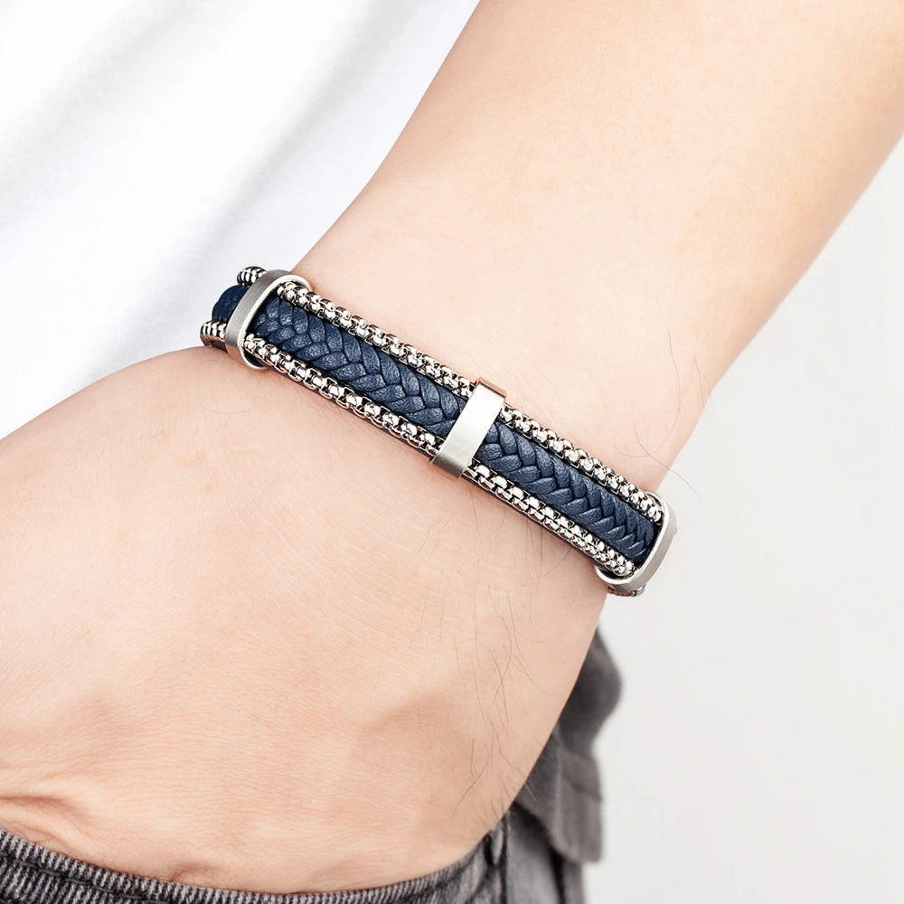 Clunia Punk Chain & Leather Bracelet – Stainless Steel Magnetic Buckle Jewelry for Men