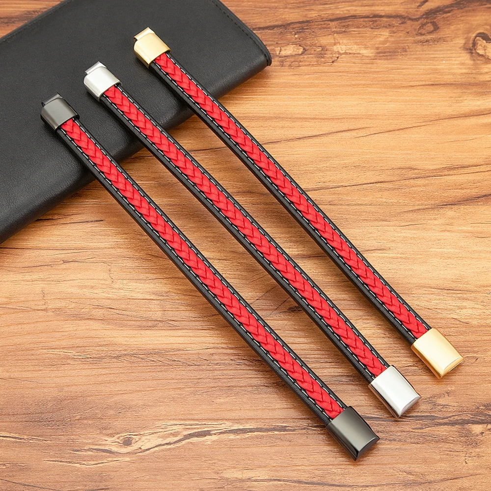 Valentia Black & Red Braided Leather Bracelet – Stainless Steel Charm Jewelry Gift for Men