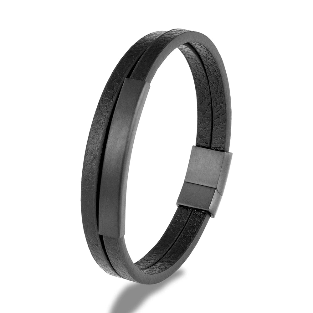 NoirBound Leather Bracelet – Double Strand Handmade Design with Matte Black Stainless Steel Clasp, Sleek and Minimalist Style for Men