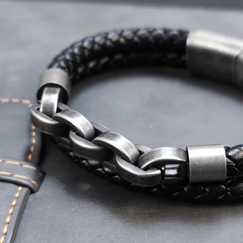 2025 Fashion Multi layered Stainless Steel Charm Viking Leather Bracelet Men's Woven Bracelet Punk Jewelry Homme Accessories