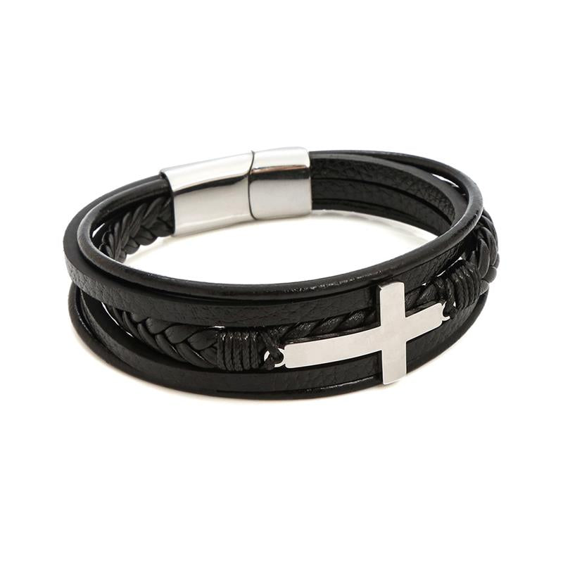 Faith SteelLink Leather Wristband Magnetic Charm Men's Bracelet