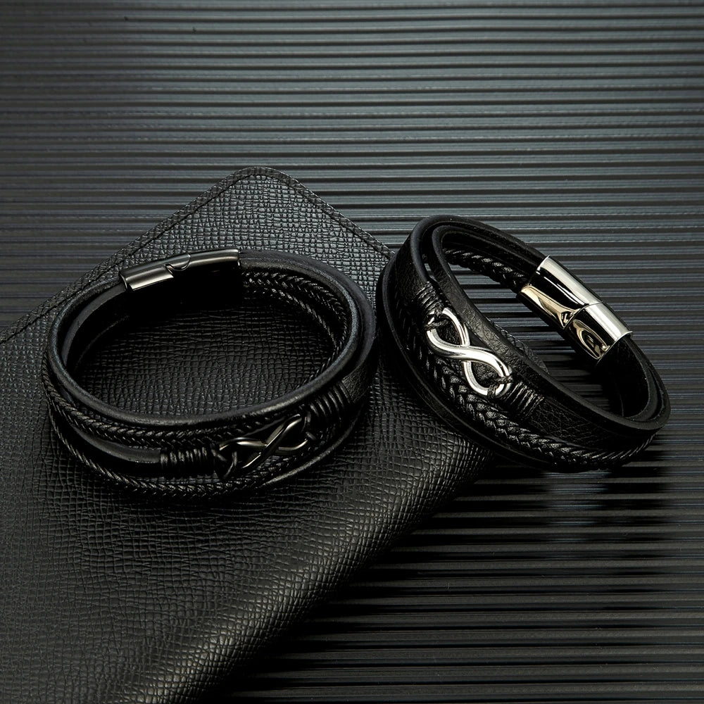 Eterna Braided Leather Bracelet – Multilayer Woven Design with Black Stainless Steel, Classic Infinity Style for Men