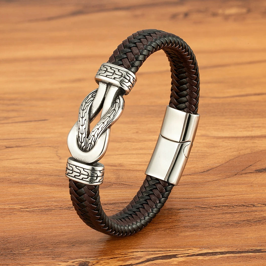 XQNI Stainless Steel Bracelets Weave Black/Brown Leahter Magnetic Buckle Rope Jewelry Accessories Bangles Gifts for Men Friend