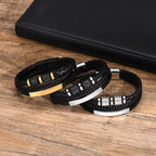 Antofagasta engraved leather bracelets in three finishes on a wooden desk