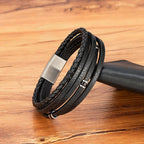 XQNI Retro Men's Leather Bracelets Simple Open Bangle Woven Braided Leather Stainless Steel Clasp Hand Rope Outdoor Sports Gift