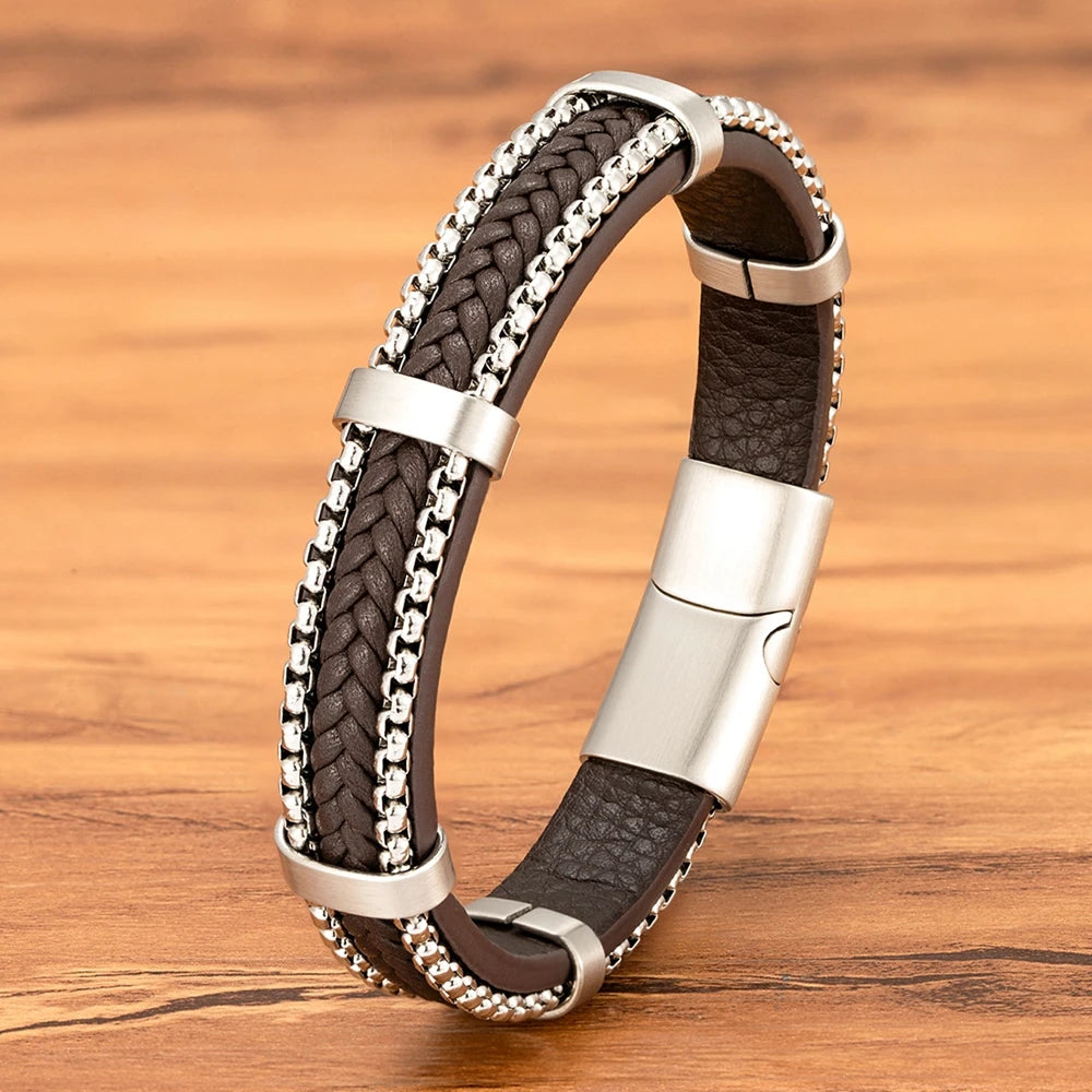 Clunia Punk Chain & Leather Bracelet – Stainless Steel Magnetic Buckle Jewelry for Men