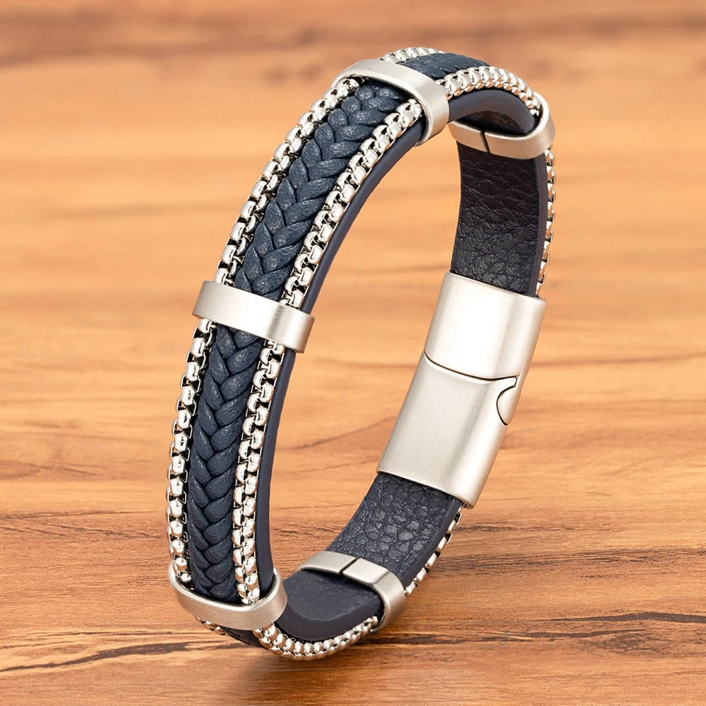 Clunia Punk Chain & Leather Bracelet – Stainless Steel Magnetic Buckle Jewelry for Men