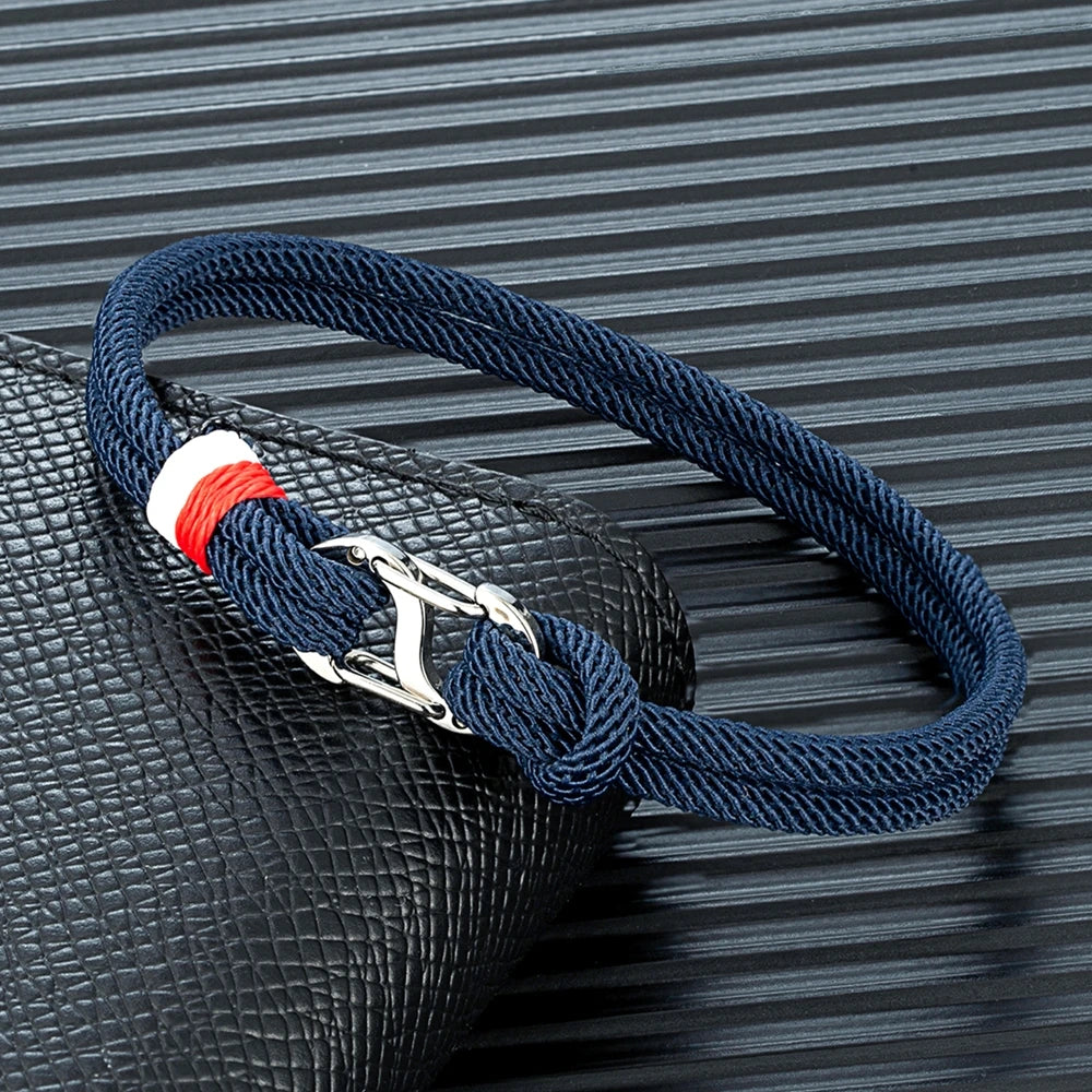 Mariner Braided Rope Bracelet – Navy Blue Survival Style with Stainless Steel Double Push Carabiner Clasp, Durable Design for Men