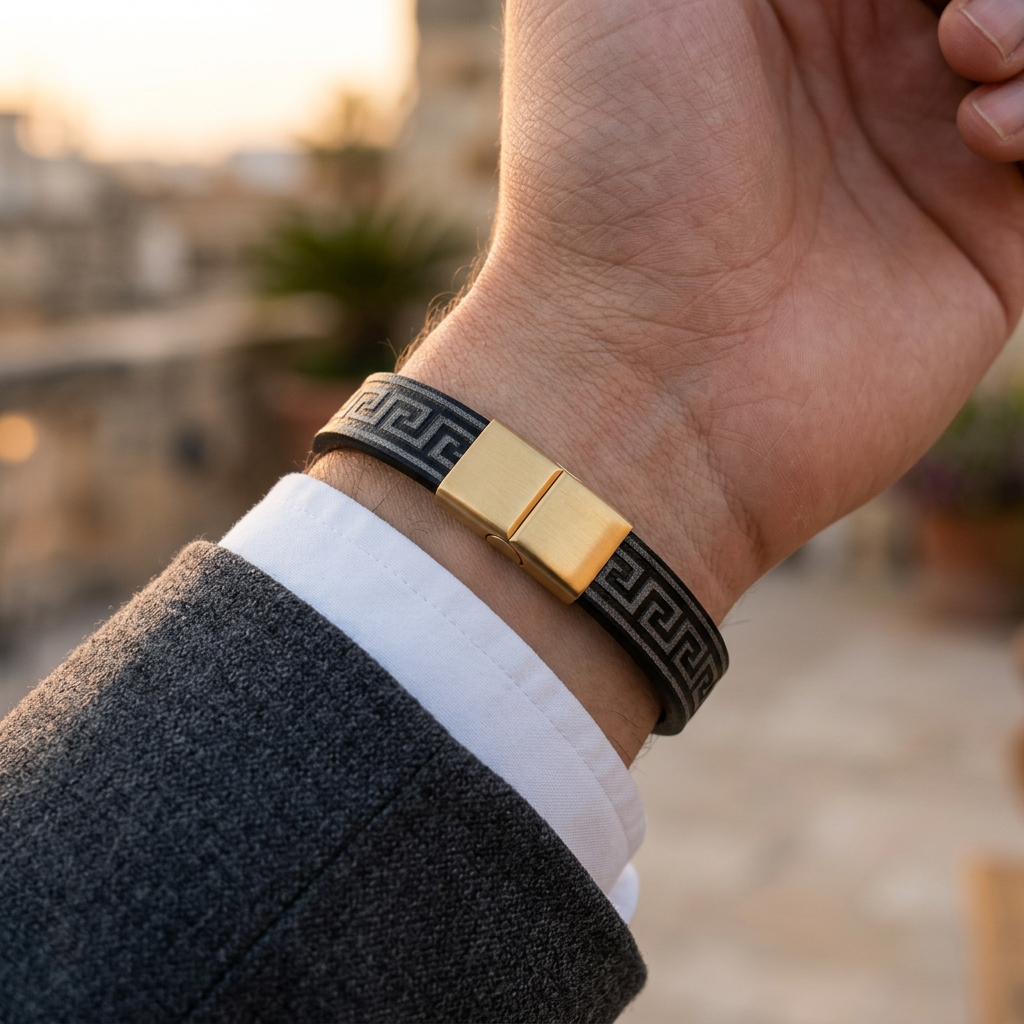 Arequipa Greek key leather bracelet, black with gold clasp, worn on the wrist with a blazer