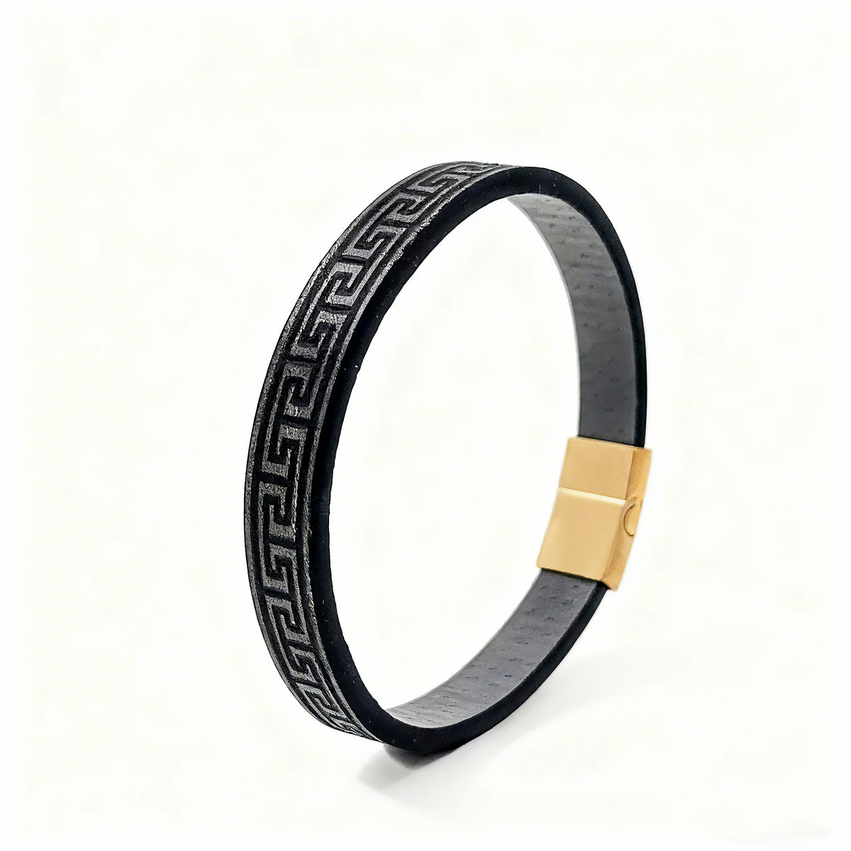 Arequipa Greek key leather bracelet, black with gold clasp - true-to-life studio photo