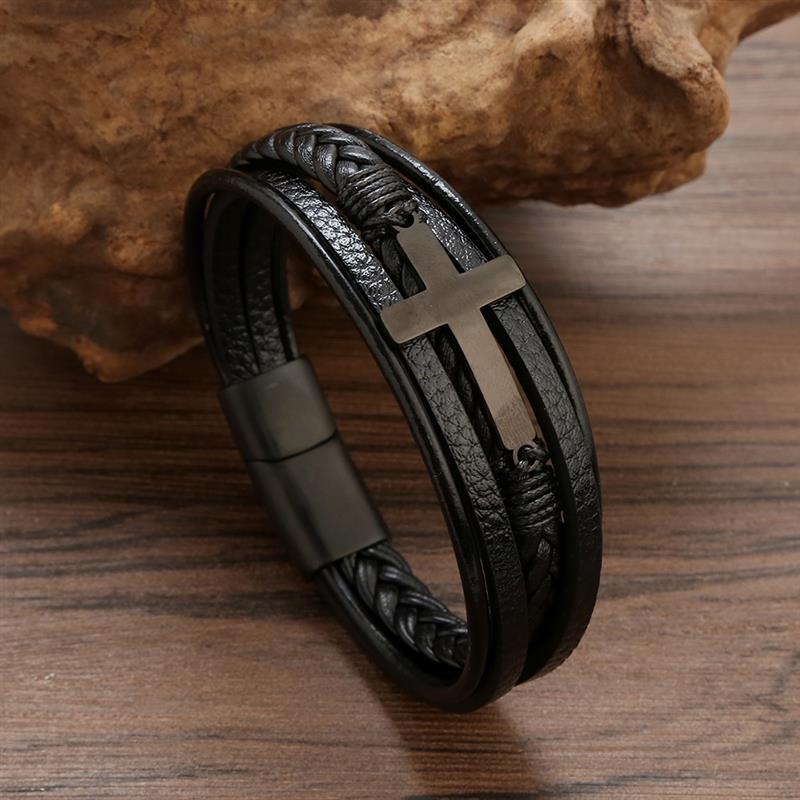 Faith SteelLink Leather Wristband Magnetic Charm Men's Bracelet