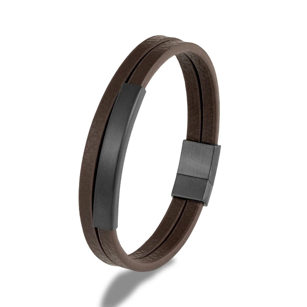 NoirBound Leather Bracelet – Double Strand Handmade Design with Matte Black Stainless Steel Clasp, Sleek and Minimalist Style for Men