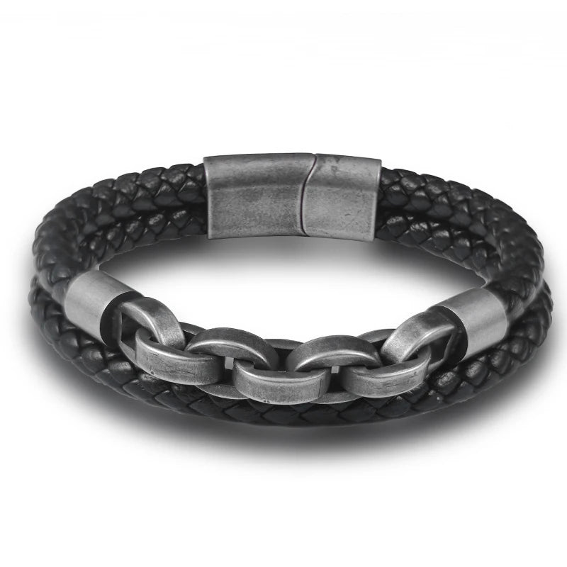 2025 Fashion Multi layered Stainless Steel Charm Viking Leather Bracelet Men's Woven Bracelet Punk Jewelry Homme Accessories