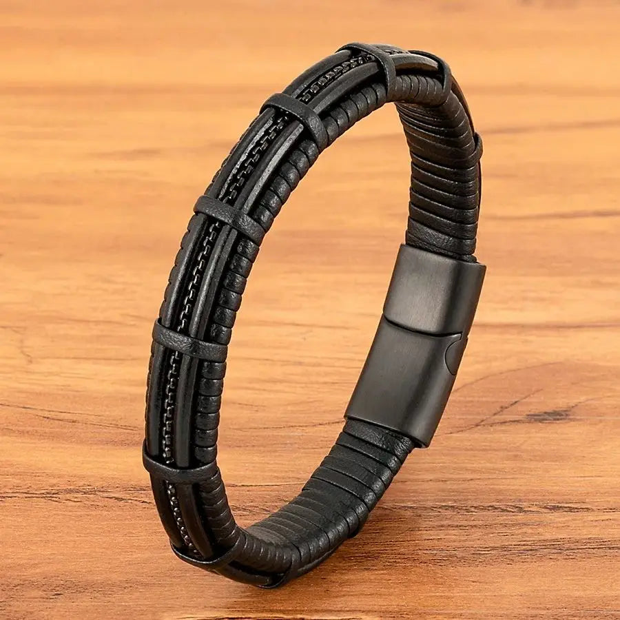 Titan Edge Bracelet – Men’s Leather & Stainless Steel Magnetic Bracelet