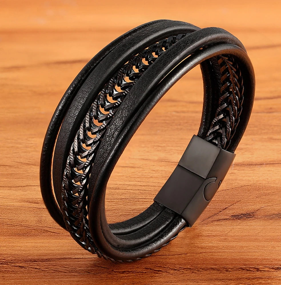 Titan Edge Bracelet – Men’s Leather & Stainless Steel Magnetic Bracelet