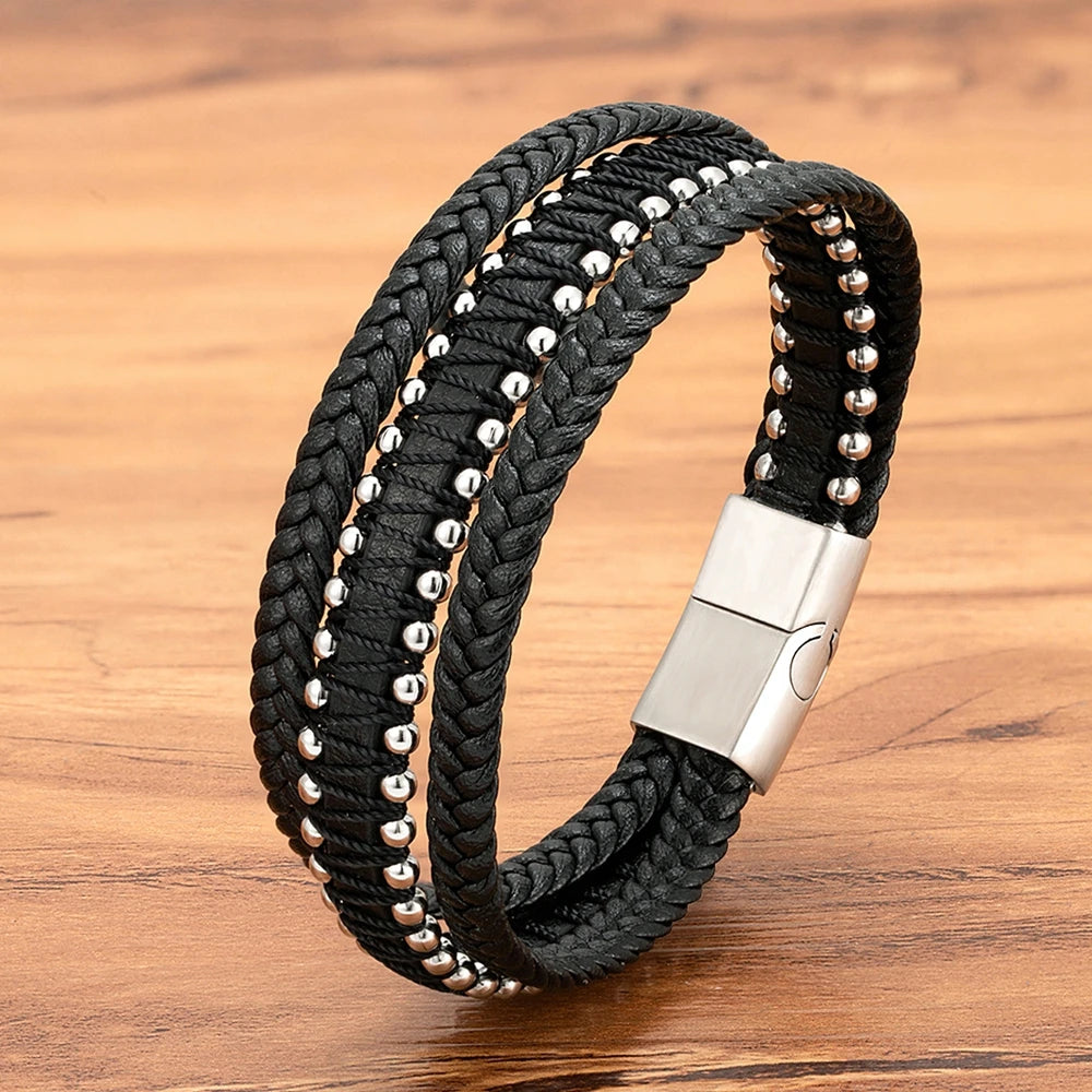 Titan Edge Bracelet – Men’s Leather & Stainless Steel Magnetic Bracelet