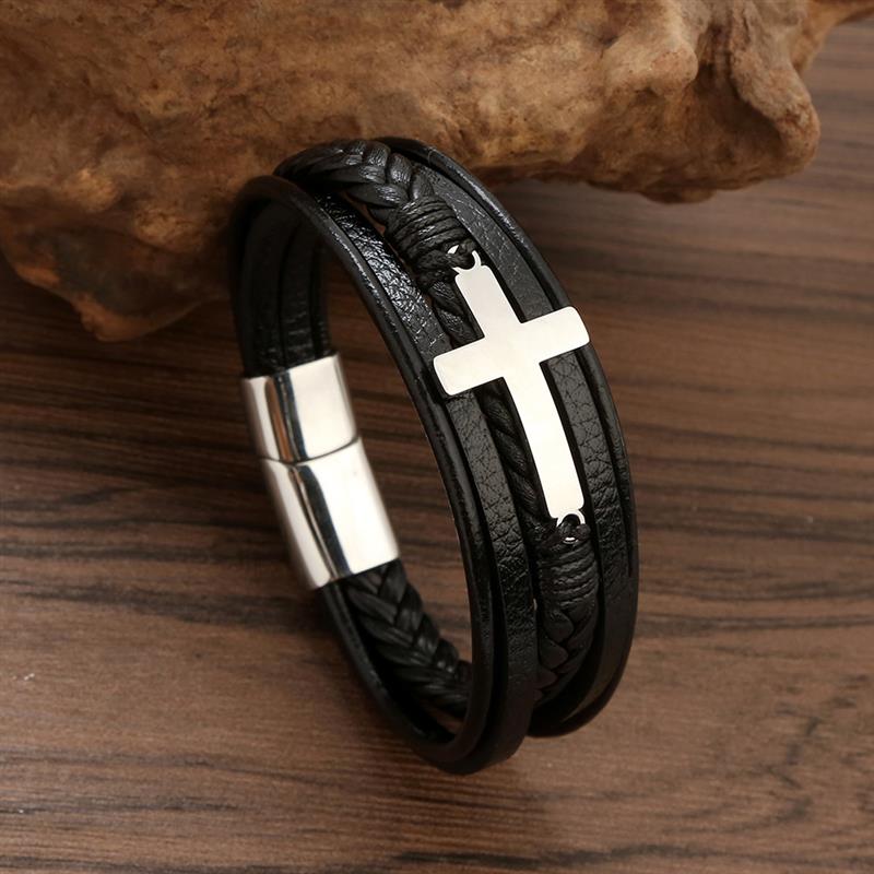 Faith SteelLink Leather Wristband Magnetic Charm Men's Bracelet