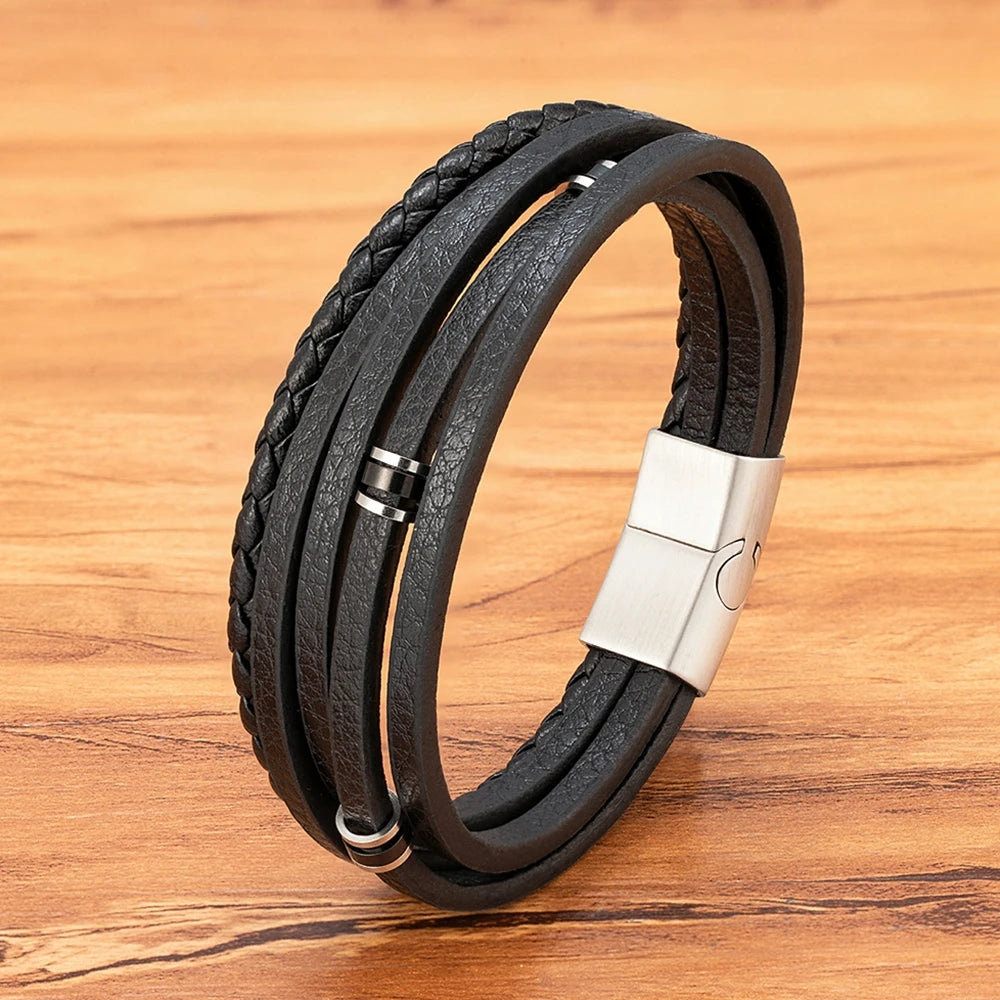 XQNI Retro Men's Leather Bracelets Simple Open Bangle Woven Braided Leather Stainless Steel Clasp Hand Rope Outdoor Sports Gift
