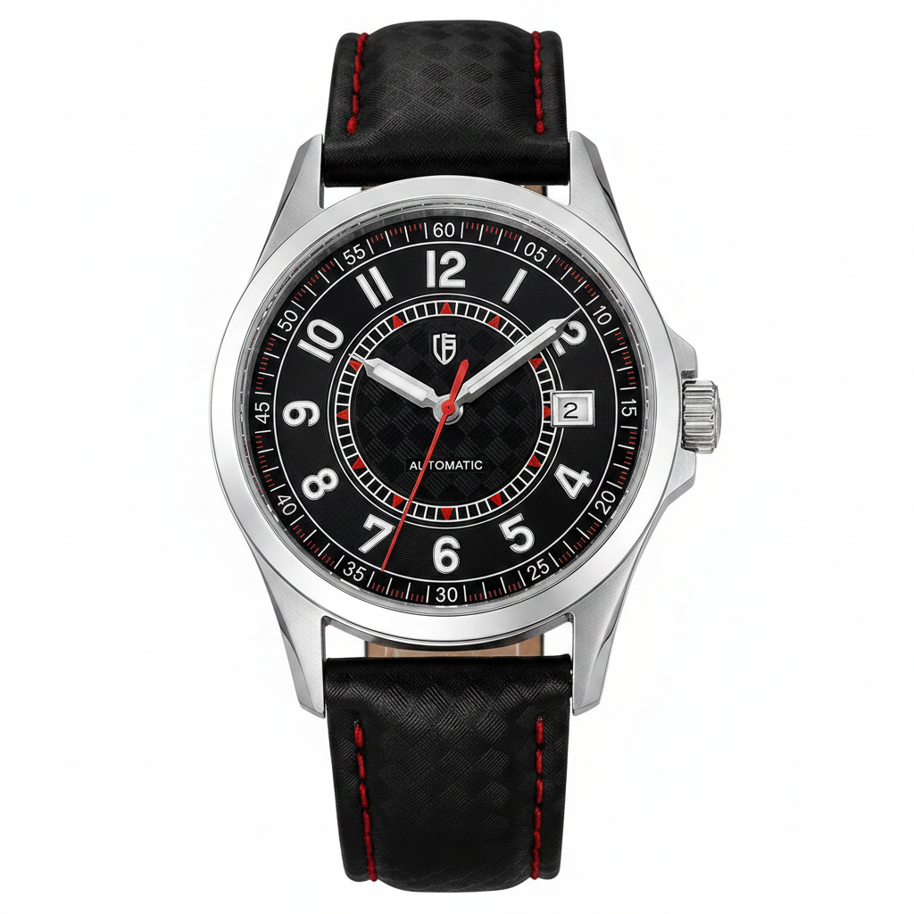 Valparaíso Hero — Black Dial Red Accent — Vista Frontal