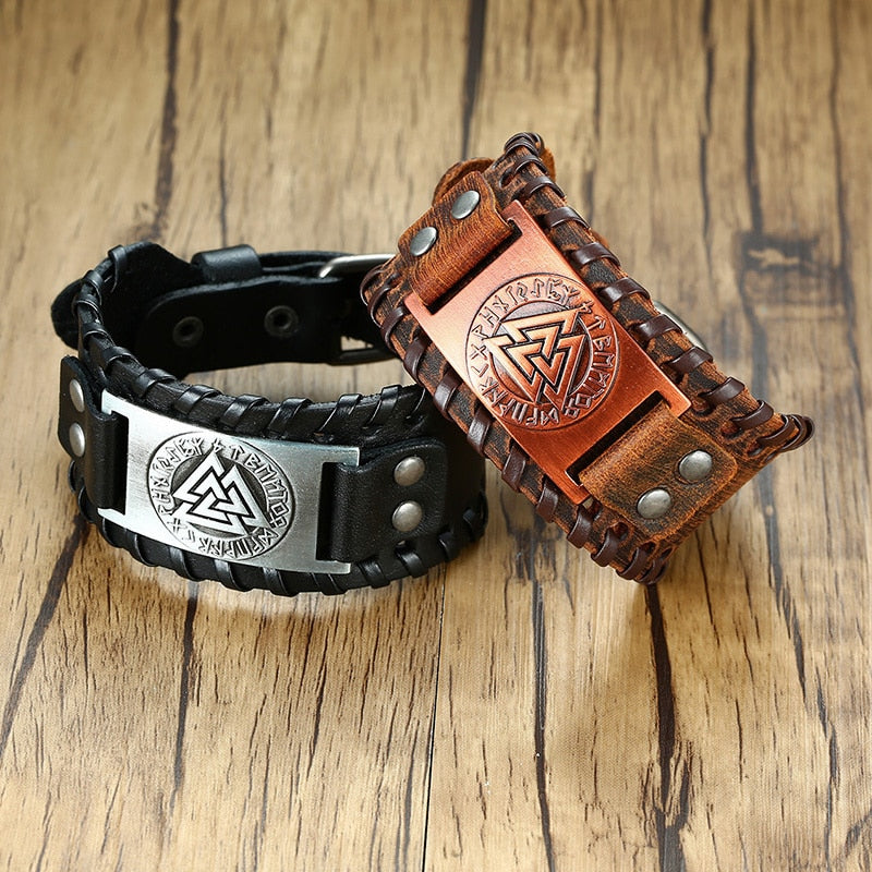 Viking Leather Wrap Bracelet for Men - Rock Punk Compass Charm, Adjustable Length Wrist Jewelry