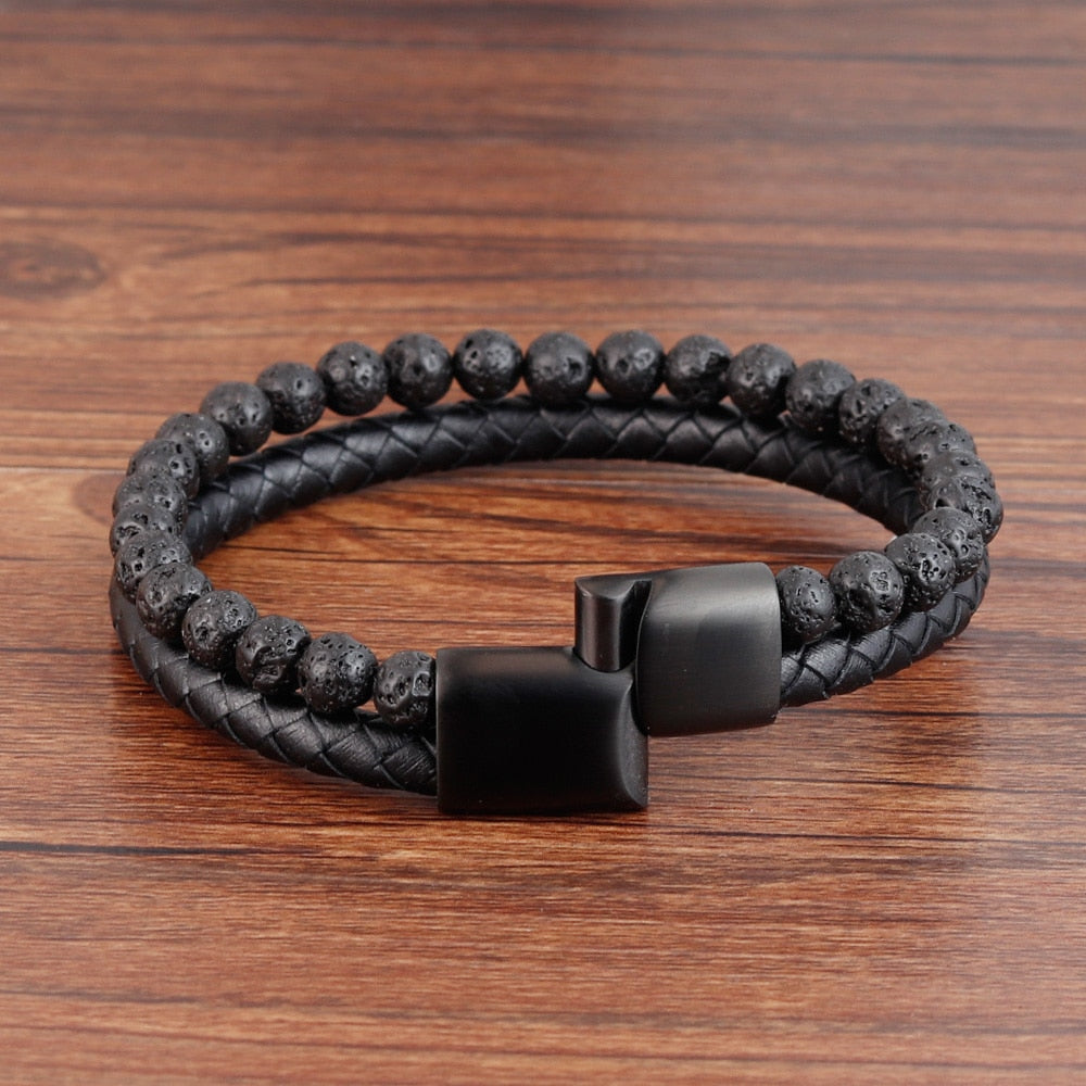 Outrigger Punk Leather & Stone Men's Bracelet - Multilayer Beads & Steel Magnetic Clasp
